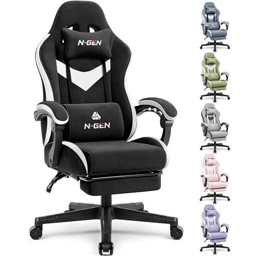 N-GEN GAMING Video Gaming Chair Office Computer Desk Use Ergonomic Reclining Backrest Adjustable Armrests Lumbar Support Footrest High Density Foam Breathable Fabric Heavy Duty Base (Black) N-GEN GAMING