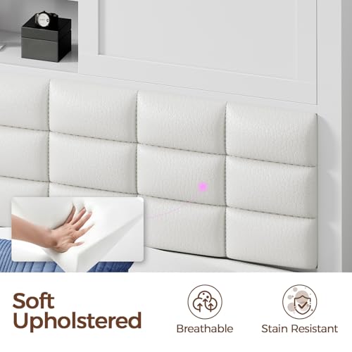 Rolanstar Bed Frame Twin Size with Charging Station, Bookcase Headboard Bed with LED Light and Sliding Doors, Platform Bed with Wooden Slats, No Box Spring Needed, Noise Free, White Rolanstar