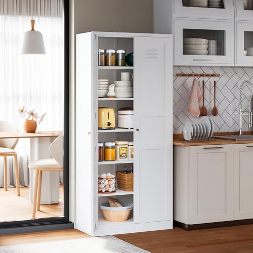 AFAIF Metal Storage Cabinet, 71'' Tall Storage Cabinet with 2 Doors and 5 Adjustable Shelves, Modern Pantry Cabinet for Kitchen, Living Room, Dining Room, Bathroom, White AFAIF