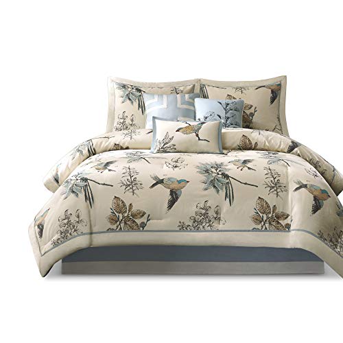 Madison Park Quincy Cozy Comforter Nature Scenery Design - All Season Bedding, Matching Bed Skirt, Decorative Pillows, Quincy, Leaf & Bird Khaki King(104"x92") 7 Piece