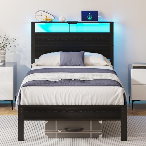 Kbun Twin Bed Frame with LED Lights & USB Charging Station, Black Metal Platform Bed with Storage Headboard, Under-Bed Space, Noise-Free & Sturdy, No Box Spring Needed, Easy Assembly Kbun