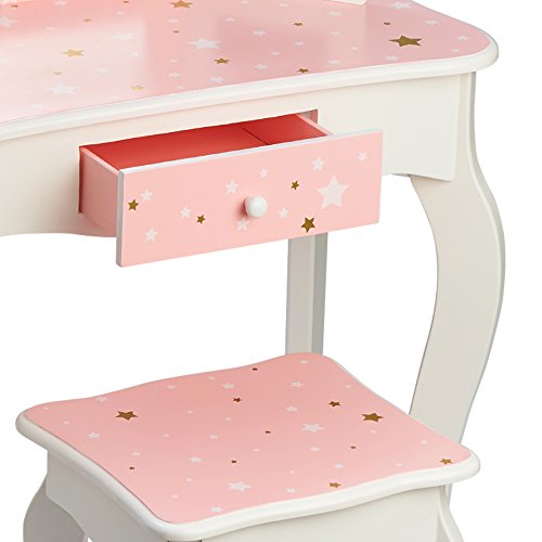 Teamson Kids Princess Gisele Twinkle Star Print 2-Piece Kids Wooden Play Vanity Set with Vanity Table, Tri-Fold Mirror, Storage Drawer, and Matching Teamson Kids