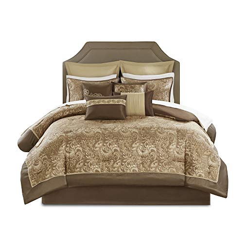 Madison Park Essentials Brystol 24 Piece Room in a Bag Faux Silk Comforter Jacquard Paisley Design Matching Curtains Down Alternative Hypoallergenic All Season Bedding-Set, Queen(90"x90"), Brown Madison Park