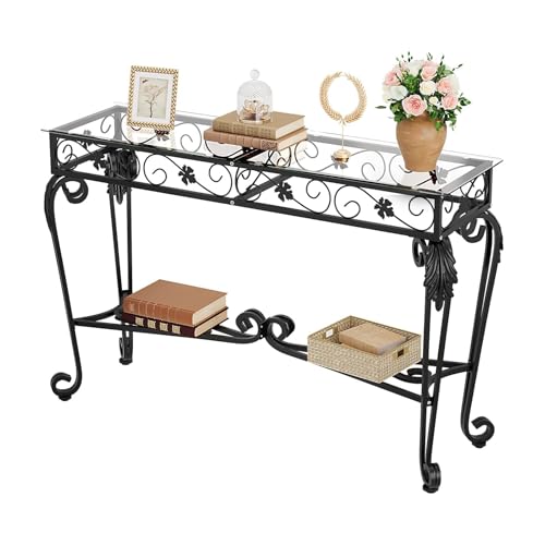 HavenlyYouth Console Table 47.2", Tempered Glass Sofa Tables, Vintage Entryway Table with Metal Frame, Console Tables for Living Room, Entrance, Foyer, Adjustable Feet (Black) HavenlyYouth