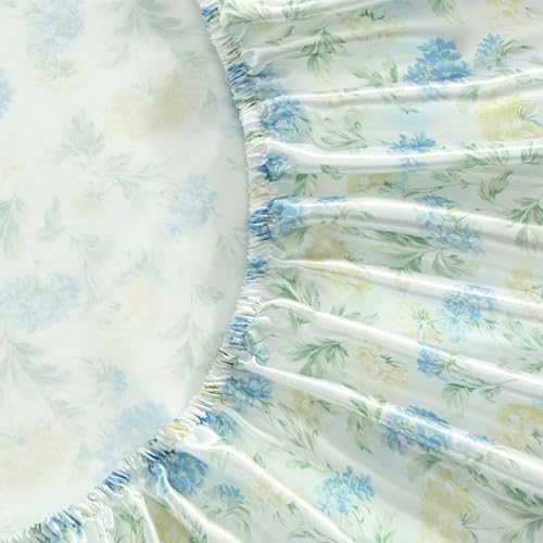 Laura Ashley - Full Size Sheet Set, Crisp & Cool Printed Satin Bedding with a Light and Breathable Feel, 4 Piece Bed Sheets with Deep Pocket Fitted Sheet & Matching Pillowcases (Edwina Blue) Laura Ashley