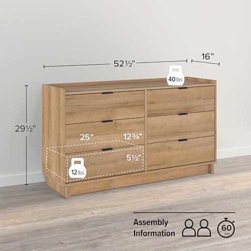 Prepac Simply Modern 6-Drawer Double Dresser for Bedroom, Chest of Drawers, Modern Bedroom Furniture, 52.5” Wide x 16” deep x 29.5” Tall, Oak Prepac