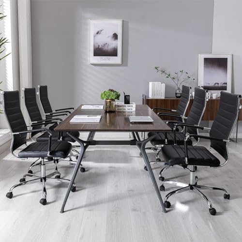 Walmokid Office Desk Chair with Wheels Set of 8, Ergonomic Black Leather Conference Room Chairs Height Adustable | Ribbed High Back | Swivel Rolling Task Chair, Black Walmokid
