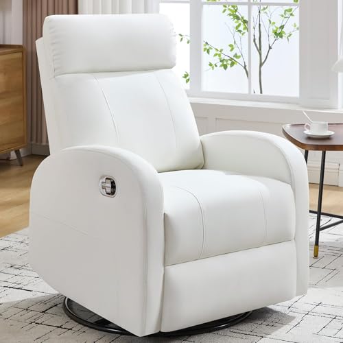 HOMYKA Swivel Rocker Recliner Chair, Manual Faux Leather Recliner, Glider Rocking Recliners 360°Swivel Nursery Reclining Chairs with Adjustable Headrest Highback for Living Room, White