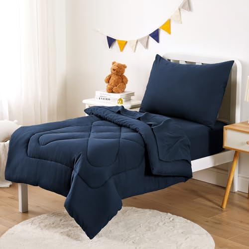 Wake In Cloud - Toddler Bedding Set for Boys Girls, 4 Pieces Soft Crib Bed Set Including Comforter, Sheets and Pillowcase, Navy Blue Wake In Cloud