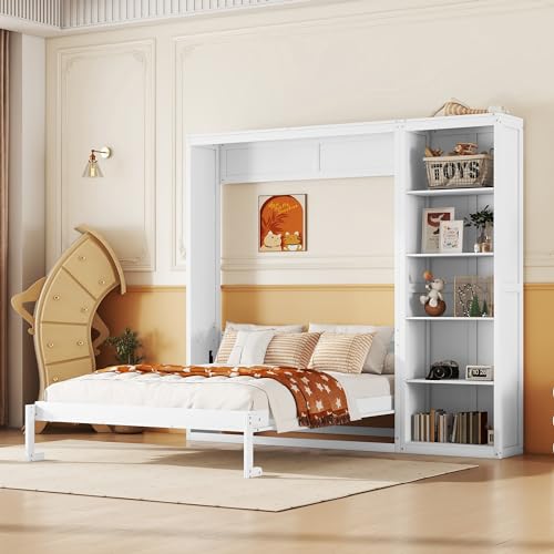 MERITLINE Full Murphy Bed with Storage Bookcase Shelves,Wood Folding White Murphy Wall Bed Cabinet MERITLINE