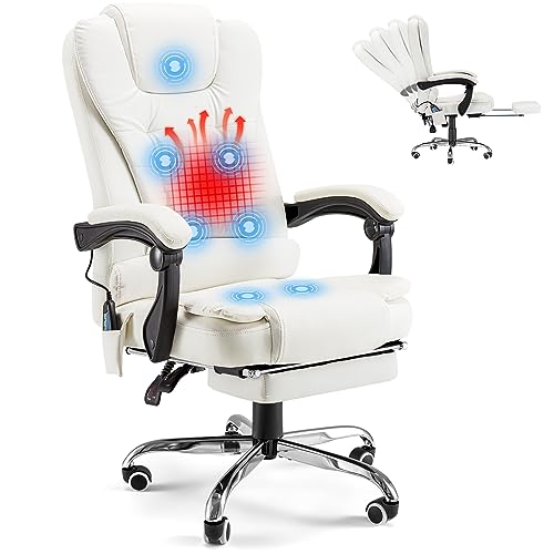 YODOLLA Ergonomic Reclining Office Chair with 7 Massage Points and Heat Function, Leather Executive Home Desk Chair w/Retractable Footrest, High Back Swivel Computer Chair, Cream White YODOLLA