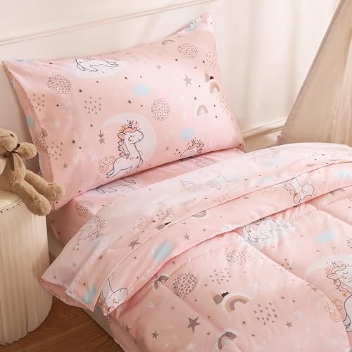 JSD Pink Unicorn Toddler Bedding Set, 4 Piece Bed-in-a-Bag Toddler Microfiber Comforter Sheet Set, All Season Machine Washable JSD