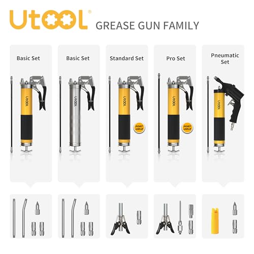 UTOOL Grease Gun, 8000 PSI Heavy Duty Pistol Grip Grease Gun Kit with 14 oz Capacity, 18 Inch Resin Flex Hose, 1 Patented Double Handle Coupler, 1 Basic Coupler UTOOL