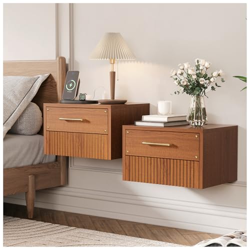 JOINICE Floating Nightstand Set of 2, Mid Century Modern Wall Mounted Bedside Table with Charging Station, Fluted End Table with Storage Drawers for Bedroom, Home Small Space, Cherry, 2 PCS JOINICE