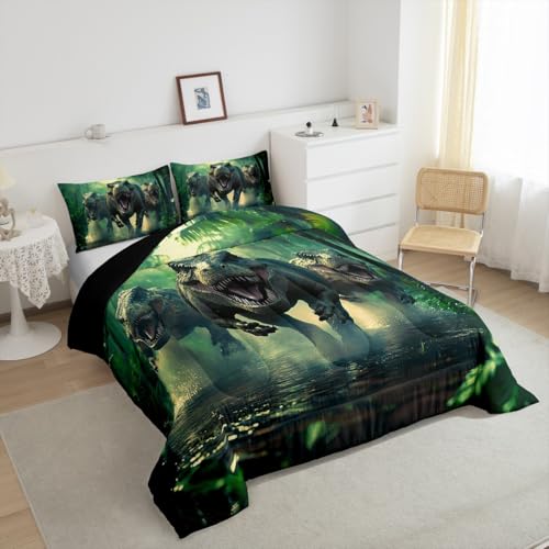 Feelyou Kids Dino Comforter Set Twin Size for Boys Green Dinosaur Bedding Soft Microfiber Dino Bed Set All Season Dinosaur Duvet Quilt with 1 Comforter + 1 Pillowcase Feelyou