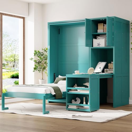 KALALLA Twin Size Rotating Wall Murphy Bed with Bookshelf, Top Cabinet, Horizontal Murphy Bed Frame with Extendable Desk & Side Storage, Space Saving, Boys Girls Kids Adults, Teal KALALLA