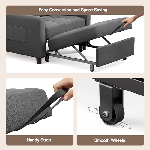 Ahomly Convertible Sofa Chair Bed, 3-in-1 Multi-Functional Sleeper Chair Bed, Adjustable Backrest Recliner with Modern Linen Fabric for Living Room Bedroom Apartment Small Space, Dark Grey