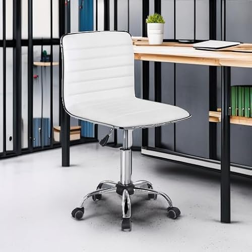 Yaheetech Adjustable Task Chair PU Leather Low Back Ribbed Armless Swivel White Desk Chair Office Chair Wheels Yaheetech