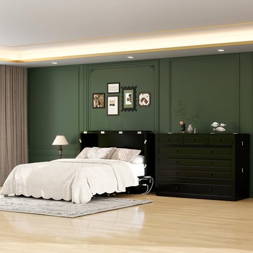 Keloyid Queen Murphy Bed Included Mattress:Wood Murphy Bed Cabinet with USB Charging Station and Large Storage Drawer for Bedrooms/Guest Rooms/Apartments, Black-13 Keloyid