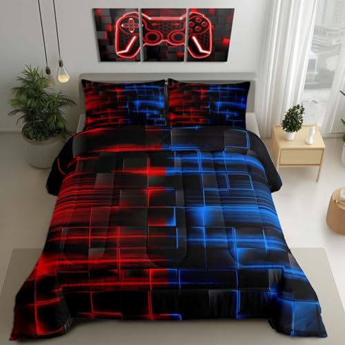 Feelyou Red Blue Bedding Set Twin Size Boys Girls Geometric Strip Lines Comforter Set for Kids Comforter Abstract Modern Duvet Set Room Decor Duvet Set with 1 Pillow Case Feelyou