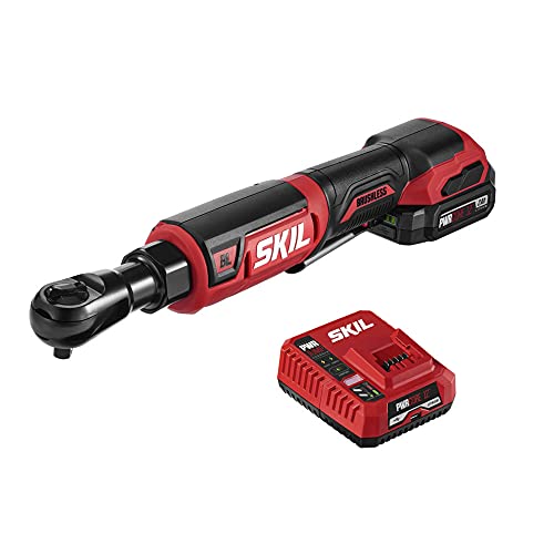 SKIL PWR CORE 12 Brushless 12V 3/8 Inch Ratchet Wrench Kit Includes 2.0Ah Lithium Battery and PWR JUMP Charger - RW5763A-10 Skil