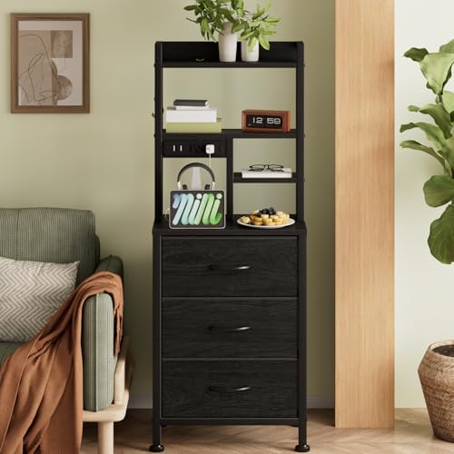 Furnulem Tall Nightstand with 3 Drawers, LED Lights, and USB Charging Ports - Versatile Beadside Table in Black Oak Furnulem