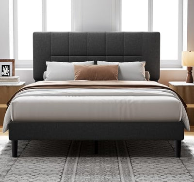 Pipishell Full Size Bed Frame with 12 Thickened Legs&Fabric Upholstered Headboard,1300 Lbs Weight Capacity, Adjustable Headboard, No Box Spring Needed, Easy Assembly, Underbed Storage(Solid Wooden)