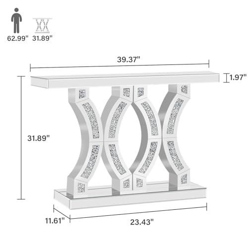 GA Home Silver Mirrored Console Table with Crushed Diamond Inlay, 39.37" Long Narrow Hallway Table for Entryway Foyer, Modern Glass Sofa Tables for Living Room GA Home