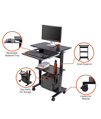 Stand Up Desk Store Mobile Rolling Adjustable Height Standing Workstation with Printer Shelf and Slideout Keyboard Tray (Black Frame/Black Top, 30" Wide) S Stand Up Desk Store