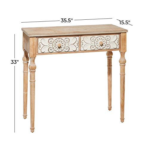 Deco 79 Wood Floral Intricately Carved 2 Drawers Console Table, 36" x 16" x 33", Brown Deco 79