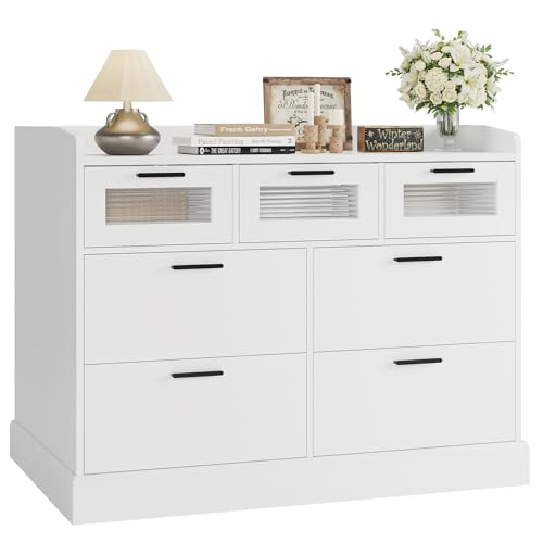 HOSTACK Modern 7 Drawer Double Dresser for Bedroom, Wide Chest of Drawers with Fence, Wood Storage Organizer with Metal Handle & Fluted Glass, Accent Storage Cabinet for Living Room, Entryway, White HOSTACK