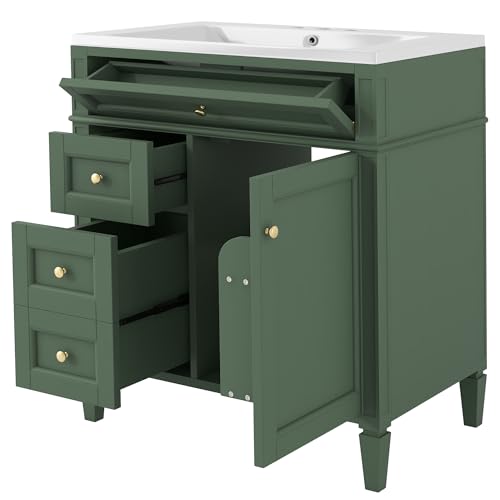 Linique 30" Bathroom Vanity with Sink Combo Set, Solid Wood Frame Modern Bathroom Storage Cabinet with 2 Drawers and a Tip-Out Drawer, Soft Closing Cabinet Door with Organizer, Green Linique