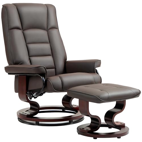 HOMCOM Faux Leather Reclining Chair, Swivel Ottoman Chair, Recliner with Ottoman with High Back and Wood Frame for Living Room, Brown HOMCOM