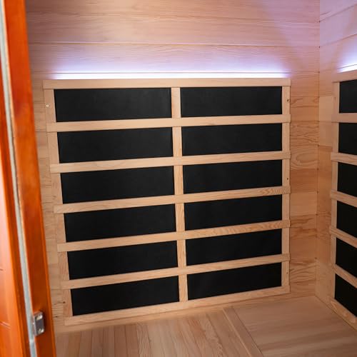 WOODBRIDGE Infrared Sauna Room 2 Person Japanese Cedar Indoor Corner Sauna with 7 Carbon Heaters, Red Light Therapy,Bluetooth Speaker,Intelligent Dual Control System,Tempered Glass,Exterior Brim Light WOODBRIDGE