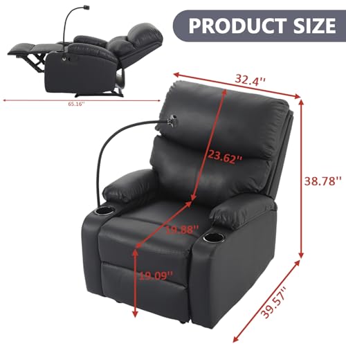 Manual Recliner Chair,PU Leather Reclining Chairs with Phone Stand & Cup Holders,Overstuffed Single Sofa Recliner for Adults,Living Room Bedroom Home Theater (Black)