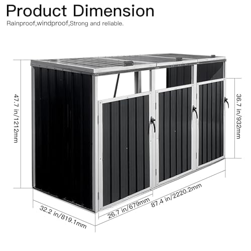 Metal Outdoor Garbage Bin Shed, Lockable Storage Shed for 3 Trash Cans, Galvanized Steel Waste Bin Storage Shelter for Garden, Yard, Patio, Grey Heliodeck