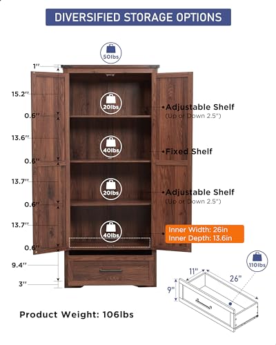 JXQTLINGMU 72" Tall Farmhouse Kitchen Pantry with Adjustable Shelves, Large Wood Storage Cabinet with Drawer & 2 Barn Doors, Versatile Storage for JXQTLINGMU