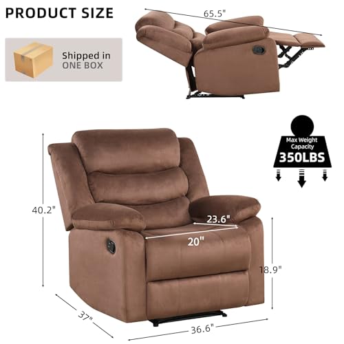 IOMOR Manual Recliner Chair with Overstuffed Arm and Extra-Padded Back, Breathable Fabric Reclining Chair for Adults, Single Sofa for Living Room, Bedroom (Fabric Brown)