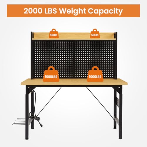 48L''Adjustable Height Workbench with Pegboard, Heavy Duty Wooden Desktop Workbench with Wheels, 2000 lb. Load Capacity, Rolling Workbench with AC/USB Outlet, Hooks, Shelf (Yellow+Black, 48''L) Clyrava
