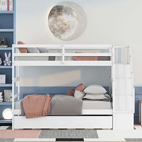 Twin Over Twin Bunk Bed with Trundle,Solid Wood Bunk Beds with Storage Stairs,Bunk Bed Twin Size with Stairs for Kids,Teens,Adults,White Bellemave