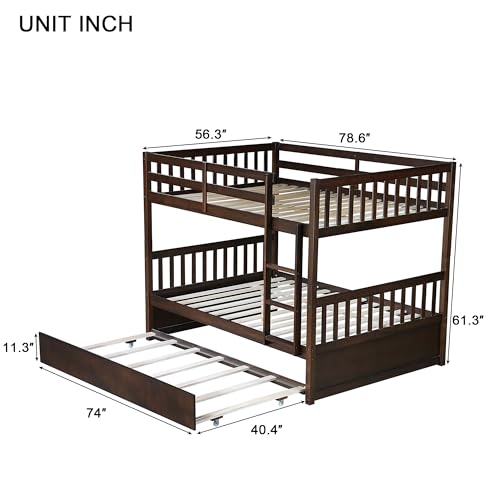 PVWIIK Full Over Full Bunk Bed for Kids Adults Teens Bedroom,Solid Wood Bunk Bed with Trundle & Ladder & Safety Guardrail,Convertible to 2 Separated Bed & No Box Spring Needed, Espresso PVWIIK