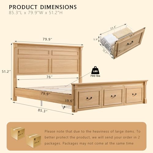 Aitjunz Farmhouse King Size Bed Frame with 51" Tall Headboard, Wood Platform Bed Frame with 20" Tall Roman Column Decoration Footboard & 3 Large Storage Drawers, No Box Spring Needed (Natrual) Aitjunz
