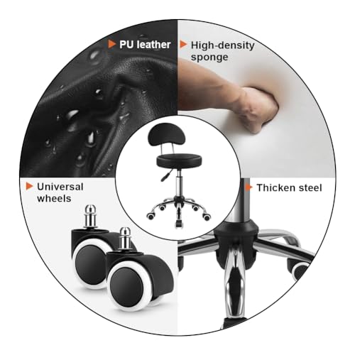 KKTONER Rolling Stool with Mid Back Height Adjustable Chair PU Leather Swivel Chair with Wheels for Office Home Task Drafting (Black) KKTONER