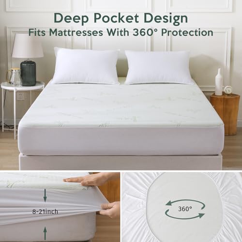 MUXHOMO Premium 100% Waterproof Queen Size Mattress Protector, Breathable Mattress Cover Queen Size Bed, Cooling 3D Air Fabric Bed Pad Cover, Deep Pocket 8"-21" MUXHOMO