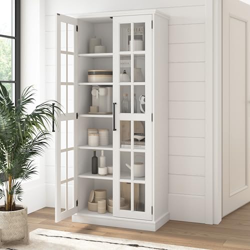 Bush Furniture Westbrook Curio Cabinet with Glass Doors in White Ash | Tall 5 Shelf Display Case for Living Room or Home Office Bush Business Furniture