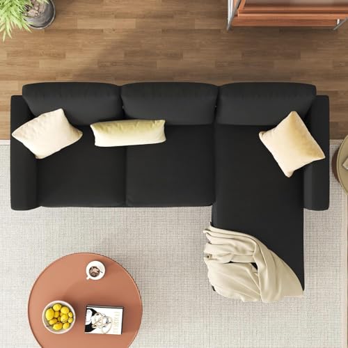 JAMFLY Couches for Living Room, 3-Seat Reversible Sectional Sofa with Convertible Ottoman, Modern Ribbed Fabric L-Shaped Couch for Small Apartment, Studio & Office, Easy Assembly, Black JAMFLY