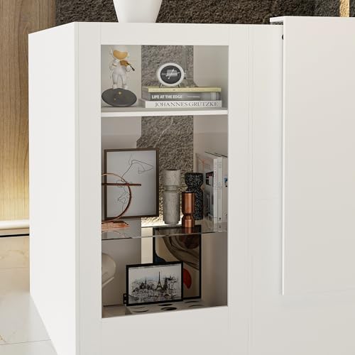 WOODTIME Reception Desk with Counter, Colored LED Light, Glass Front & Open Shelves, Retail Counter with Adjustable Glass Shelves, Checkout Front Desk for Office Clinic Lobby Salon, White WOODTIME
