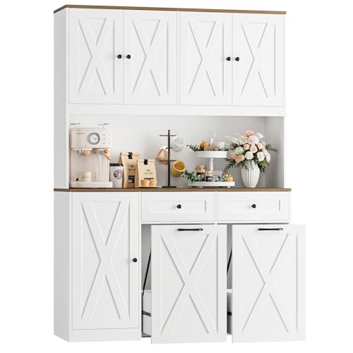 HOSTACK 71"H Kitchen Trash Can Cabinet, 12.5 Gallon Double Pull Out Garbage Can Hutch Cabinet with Trash Bin Storage Holders, 47" Wide Kitchen Pantry with Hidden Garbage Storage for Dining Room, White HOSTACK