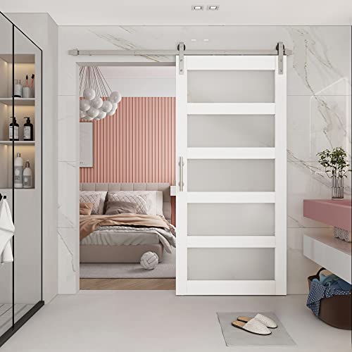 BARNSMITH 32in x 80in Glass Barn Door Slab,5-Panel Frosted Glass Solid Wood Slab with Water-Proof PVC Surface,No Pre-drilled Holes,Door Panel Only,White BARNSMITH