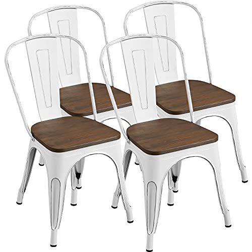 Yaheetech Set of 4 Metal Dining Chairs with Wood Seat Metal Side Chairs Kitchen Chairs with Back Bistro Café Trattoria Kitchen, Distressed White Yaheetech